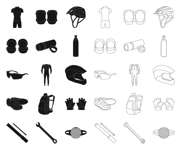 Fahrrad-Outfit schwarz, umrissene Symbole in Set-Kollektion für Design. Fahrrad und Werkzeug Vektor Symbol Stock Web Illustration. — Stockvektor