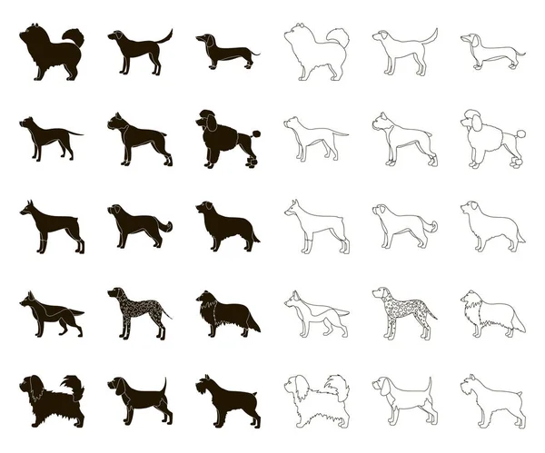 Psí plemena černá, obrys ikony v nastavení kolekce pro design. Pes domácí vektor symbol akcií web ilustrace. — Stockový vektor