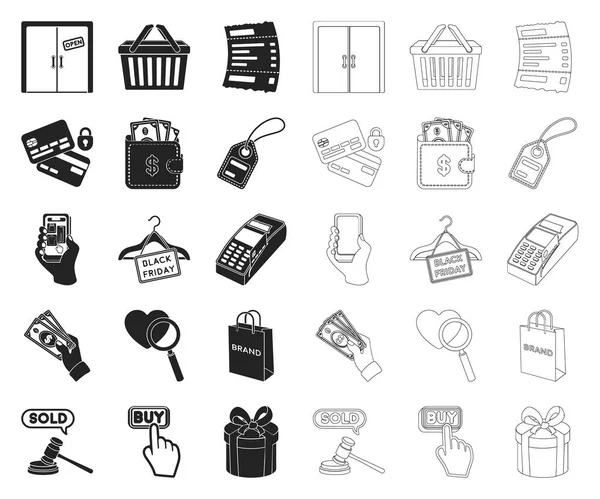 E-commerce, Purchase and sale black, outline icons in set collection for design. Иллюстрация векторных символов торговли и финансов . — стоковый вектор