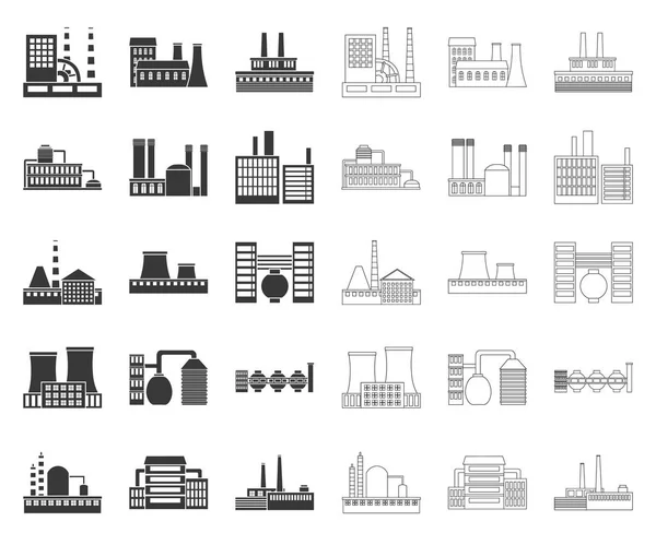 Fabriek en faciliteiten zwart, overzichts pictogrammen in set collectie voorontwerp. Fabriek en apparatuur vector symbool voorraad Web illustratie. — Stockvector