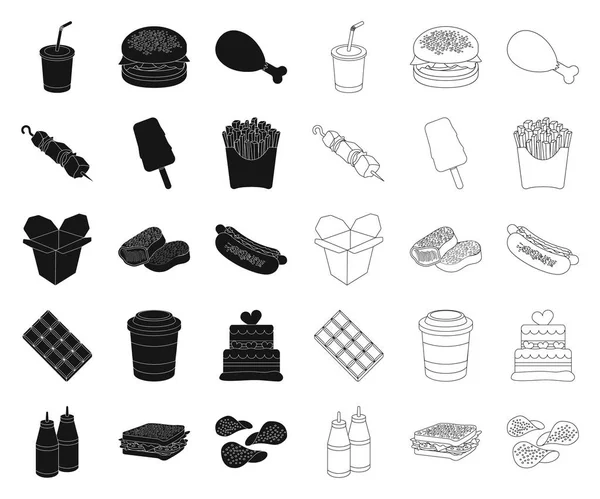 Fast food black, outline icons in set collection for design.Food from semi-finished products vector symbol stock web illustration . — стоковый вектор