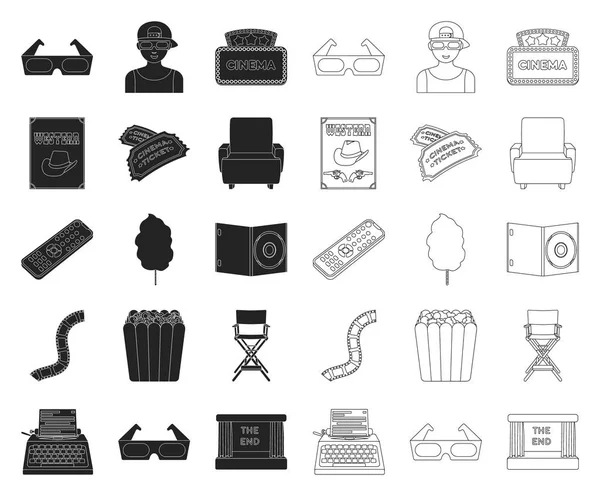 Filmer och film svart, kon tur ikoner i set Collection för design. Filmer och attribut vektor symbol Stock Web illustration. — Stock vektor