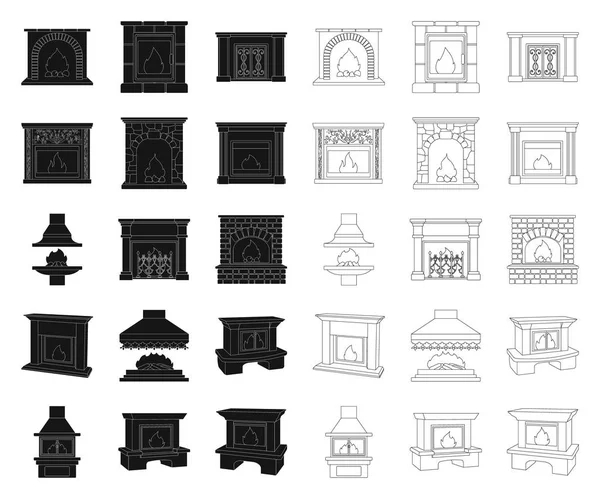 Различные виды каминов черный, контуры значки в коллекции для design.Fireplaces строительство векторных символов запаса веб-иллюстрация . — стоковый вектор