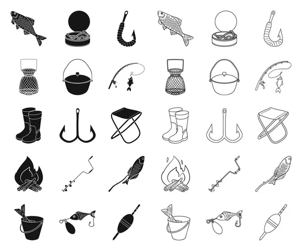 Pesca y descanso negro, esbozar iconos en la colección de conjuntos para el diseño. Tackle para la ilustración de la tela del símbolo del vector de pesca . — Vector de stock