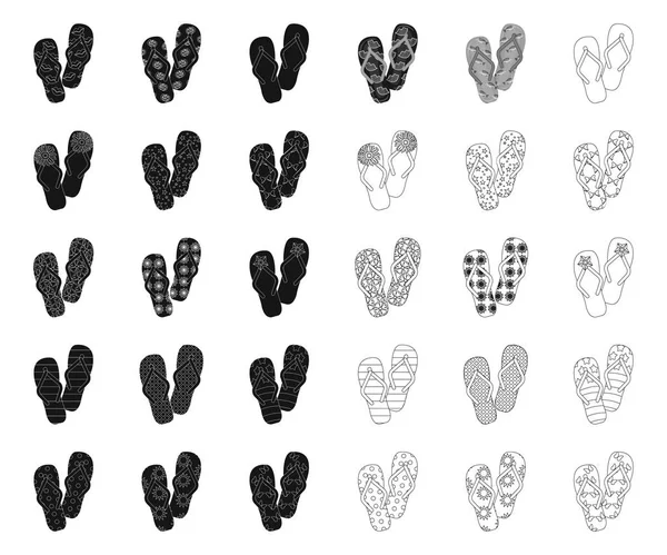 Parmak arası terlik siyah, set koleksiyonu tasarım için anahat simgeleri. Beach ayakkabı sembol stok web illüstrasyon vektör.