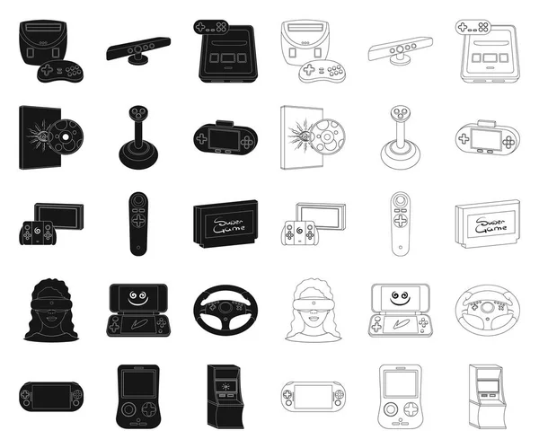 Consola de juegos y realidad virtual negro, iconos de contorno en la colección de conjuntos para el diseño.Game Gadgets vector símbolo stock web illustration . — Archivo Imágenes Vectoriales