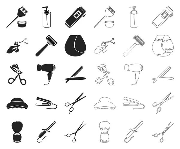Peluquería y herramientas negro, iconos de contorno en la colección de conjuntos para design.Profession peluquería vector símbolo stock web ilustración . — Vector de stock