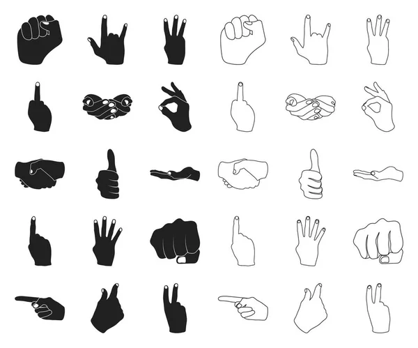 Χέρι σε χειρονομία μαύρο, περίγραμμα εικονίδια στη συλλογή σετ για σχεδιασμό. Παλάμη και το δάχτυλο σύμβολο μετοχής web εικονογράφηση διάνυσμα. — Διανυσματικό Αρχείο