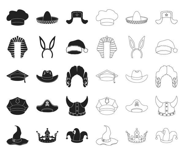 Diferentes tipos de chapéus preto, ícones de contorno na coleção de conjuntos para design.Headdress vetor símbolo web ilustração . — Vetor de Stock