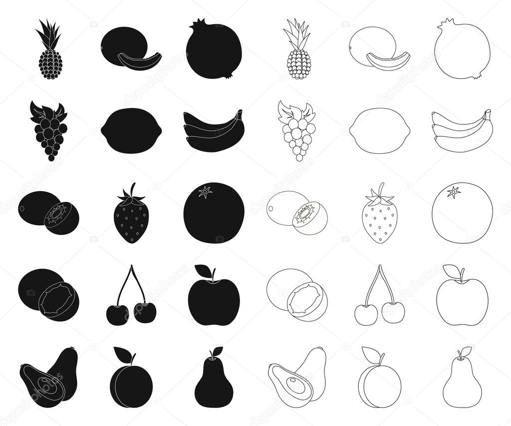 Different fruits black,outline icons in set collection for design. Fruits and vitamins vector symbol stock web illustration.