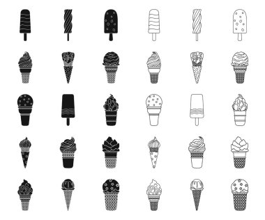 Farklı dondurma siyah, set koleksiyonu tasarım için anahat simgeleri. Tatlı ve tatlılık sembol stok web illüstrasyon vektör.