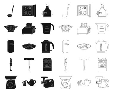 Mutfak ekipmanları siyah, set koleksiyonu tasarım için anahat simgeleri. Sembol stok web illüstrasyon vektör mutfak ve aksesuarları.
