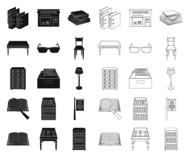 Kütüphane ve Kitabevi siyah, anahat simgeleri set koleksiyonu tasarım için. Kitap ve mobilyalar sembol stok web illüstrasyon vektör.