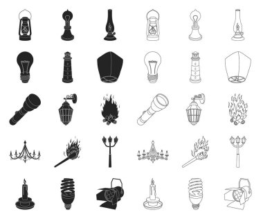 Işık kaynağı siyah, anahat simgeleri toplama tasarımı için ayarlayın. Işık ve ekipman sembol stok web illüstrasyon vektör.