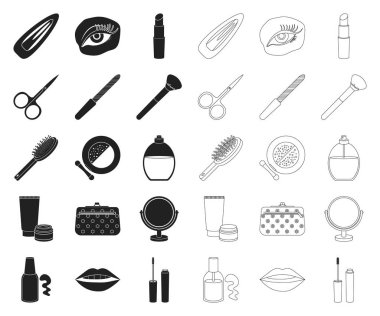 Makyaj ve kozmetik siyah, anahat simgeleri set koleksiyonu tasarım için. Makyaj ve ekipman sembol stok web illüstrasyon vektör.