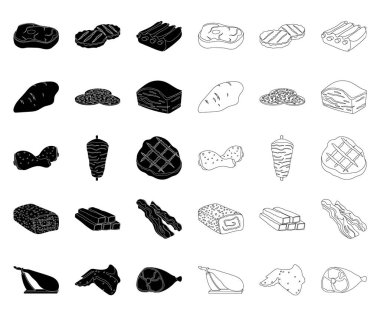 Farklı et siyah, set koleksiyonu tasarım için anahat simgeleri. Et ürün vektör simge stok web çizimi.