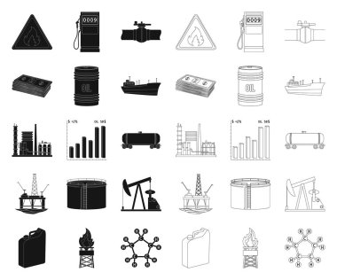 Sanayi siyah yağ, set koleksiyonu tasarım için simgeleri anahat. Ekipman ve petrol üretimi sembol stok web illüstrasyon vektör.