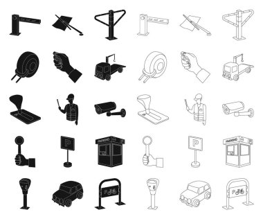 Park arabalar siyah, set koleksiyonu tasarım için anahat simgeleri için. Ekipman ve hizmet vektör simgesi web illüstrasyon stok.
