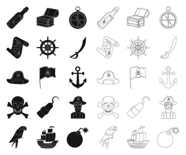 Korsan, deniz soyguncu siyah, set koleksiyonu tasarım için anahat simgeleri. Hazineler, öznitelikleri sembol stok web illüstrasyon vektör.