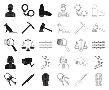 Hapishane ve suç siyah set koleksiyonu tasarım için anahat simgeleri. Hapishane ve öznitelikleri sembol stok web illüstrasyon vektör.