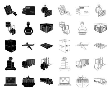 Lojistik ve teslimat siyah, anahat simgeleri set koleksiyonu tasarım için. Taşıtlar ve donatımı izometrik vektör simge stok web çizim.