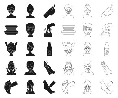 Cilt Bakımı siyah, set koleksiyonu tasarım için anahat simgeleri. Yüz ve vücut sembol stok web illüstrasyon vektör.