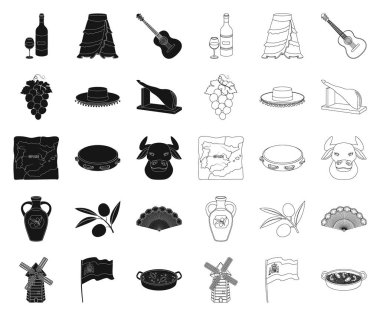 İspanya ülke siyah, set koleksiyonu tasarım için anahat simgeleri. Sembol stok web illüstrasyon vektör seyahat ve konumlar.