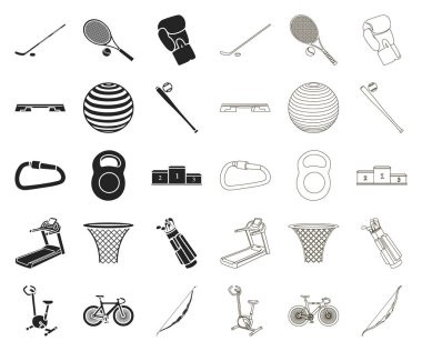 Spor siyah, set koleksiyonu tasarım için anahat simgeleri farklı türde. Spor ekipmanları vektör simge stok web çizim.
