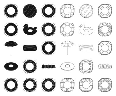 Çok renkli Yüzme daire siyah, set koleksiyonu tasarım için anahat simgeleri. Farklı lifebuoys sembol stok web illüstrasyon vektör.