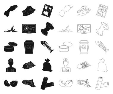 Çöp ve atık siyah, anahat simgeleri set koleksiyonu tasarım için. Temizlik çöp vektör simge stok web çizimi.