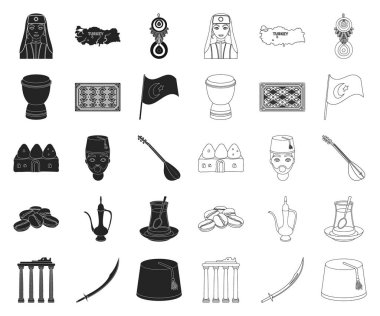 Türkiye'nin ülke siyah, set koleksiyonu tasarım için anahat simgeleri. Sembol stok web illüstrasyon vektör seyahat ve konumlar.