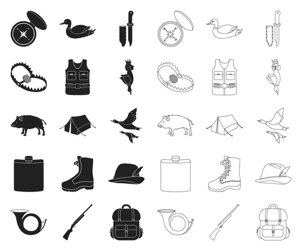 Chasse et trophée noir, icônes de contour dans la collection ensemble pour le design. Matériel et chasse symbole vectoriel stock illustration web . — Image vectorielle