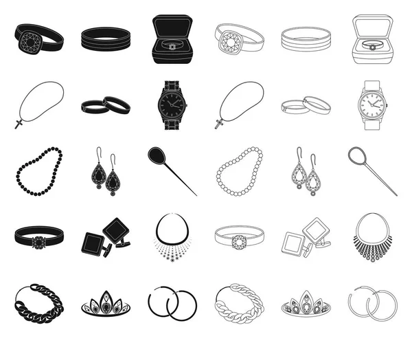 Bijoux et accessoires noir, icônes de contour dans la collection set pour design.Decoration vectoriel symbole stock illustration web . — Image vectorielle