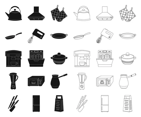 Keukenapparatuur zwart, overzicht pictogrammen in set collectie voor design. Keuken en accessoires vector symbool voorraad web illustratie. — Stockvector