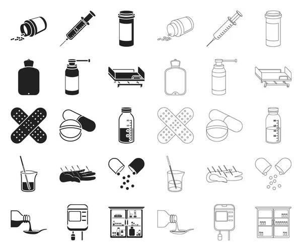 Медицина и лечение черные, очертания икон в наборе коллекции для дизайна. Медикаменты и оборудование векторные символы веб-иллюстрации . — стоковый вектор