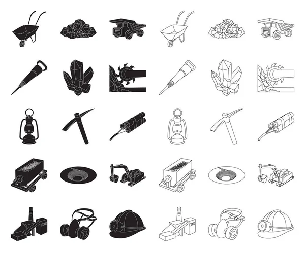 Industrie minière noir, icônes de contour dans la collection de jeu pour le design. Matériel et outils symbole vectoriel stock illustration web . — Image vectorielle