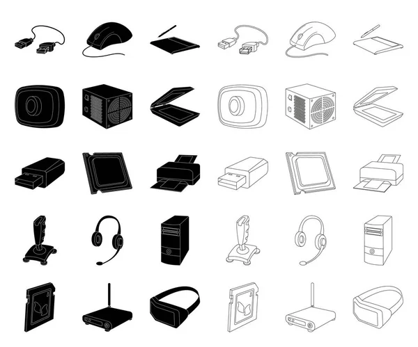 Personal computer zwart, overzicht pictogrammen in set collectie voor design. Uitrusting en accessoires vector symbool voorraad web illustratie. — Stockvector
