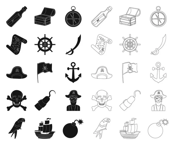 Pirata, ladrón de mar negro, esbozar iconos en la colección de conjuntos para el diseño. Tesoros, atributos vector símbolo stock web ilustración . — Vector de stock