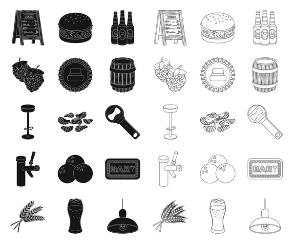 Pub, interior and equipment black, outline icons in set collection for design. Алкоголь и пищевые векторные символы веб-иллюстрации . — стоковый вектор