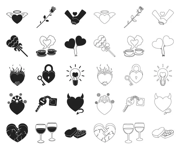 Romantik ilişki siyah, anahat simgeleri toplama tasarımı için ayarlayın. Sevgi ve dostluk sembolü hisse senedi web illüstrasyon vektör.