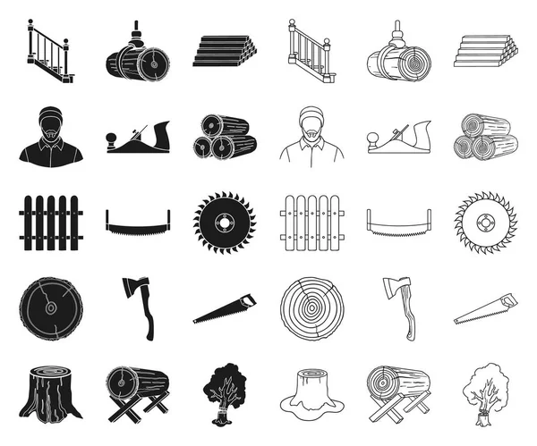 Sawmill and Timber black,outline icons in set collection for design. Hardware and Tools vector symbol stock web illustration. — Stock Vector