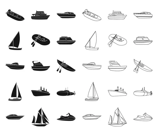Vatten- och sjötransport svart, disposition ikoner i set samling för design. En mängd båtar och fartyg vektor symbol lager web illustration. — Stock vektor