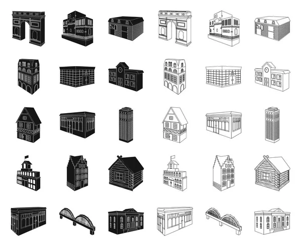 Építési és építészeti fekete, vázlat ikonok beállítása gyűjtemény a design. Az épület és a lakás vektor izometrikus szimbólum állomány honlap illusztráció. — Stock Vector