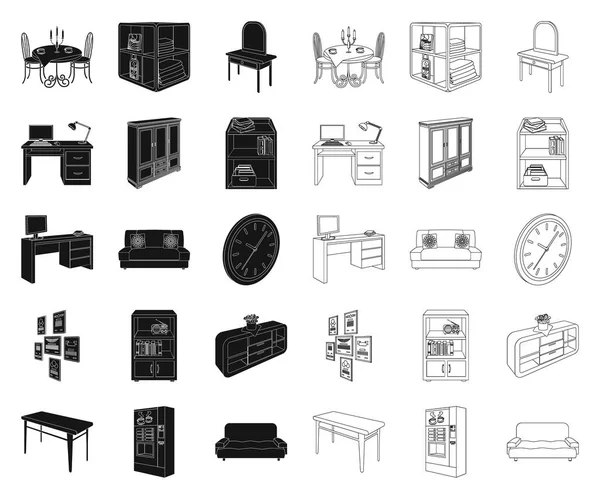 Möbel und Interieur schwarz, Umrisse Symbole in Set-Kollektion für Design. Wohnungseinrichtung Vektor isometrisches Symbol stock web illustration. — Stockvektor