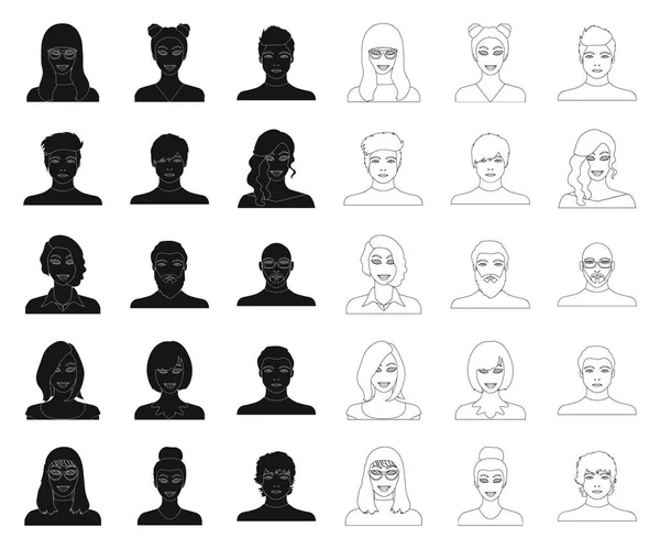 Avatar och ansikte svart, disposition ikoner i set samling för design. En person utseende vektor symbol lager web illustration. — Stock vektor