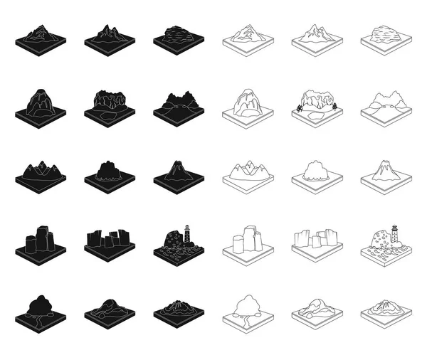 Bergen, enorme zwart, overzicht pictogrammen in set collectie voor design. Het oppervlak van de aarde vectorillustratie isometrische symbool voorraad web. — Stockvector