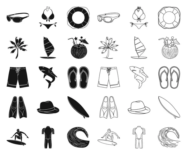Surf et noir extrême, icônes de contour dans la collection de set pour le design. Surfeur et accessoires symbole vectoriel stock web illustration . — Image vectorielle