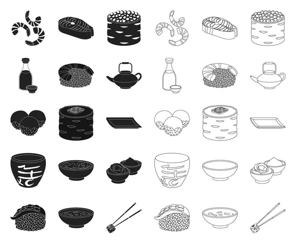 Sushi és a fűszerekkel, fekete, vázlat ikonok beállítása gyűjtemény a design. Tengeri élelmiszer, tartozék vektor szimbólum állomány honlap illusztráció. — Stock Vector