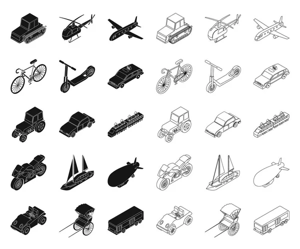 Verschiedene Arten von Transport schwarz, umrissene Symbole in Set-Kollektion für Design. Auto und Schiff isometrisches Vektor Symbol Stock Web Illustration. — Stockvektor