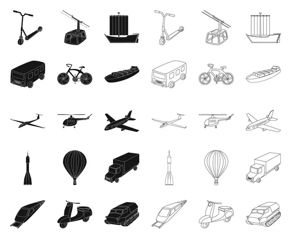 Verschillende soorten vervoer zwart, overzicht pictogrammen in set collectie voor design. Auto en schip symbool voorraad web vectorillustratie. — Stockvector